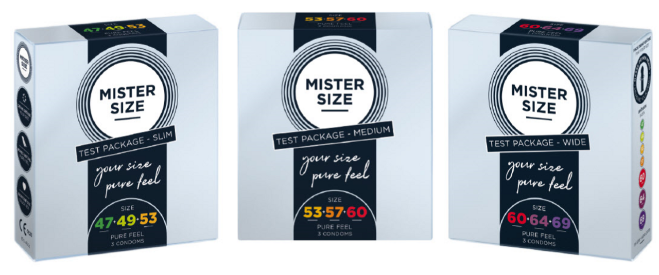 Trije različni testni paketi kondomov Mister Size