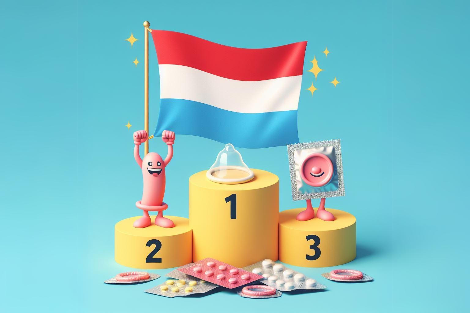 Luksemburška zastava kot številka 1 na zmagovalnem odru na temo kontracepcije